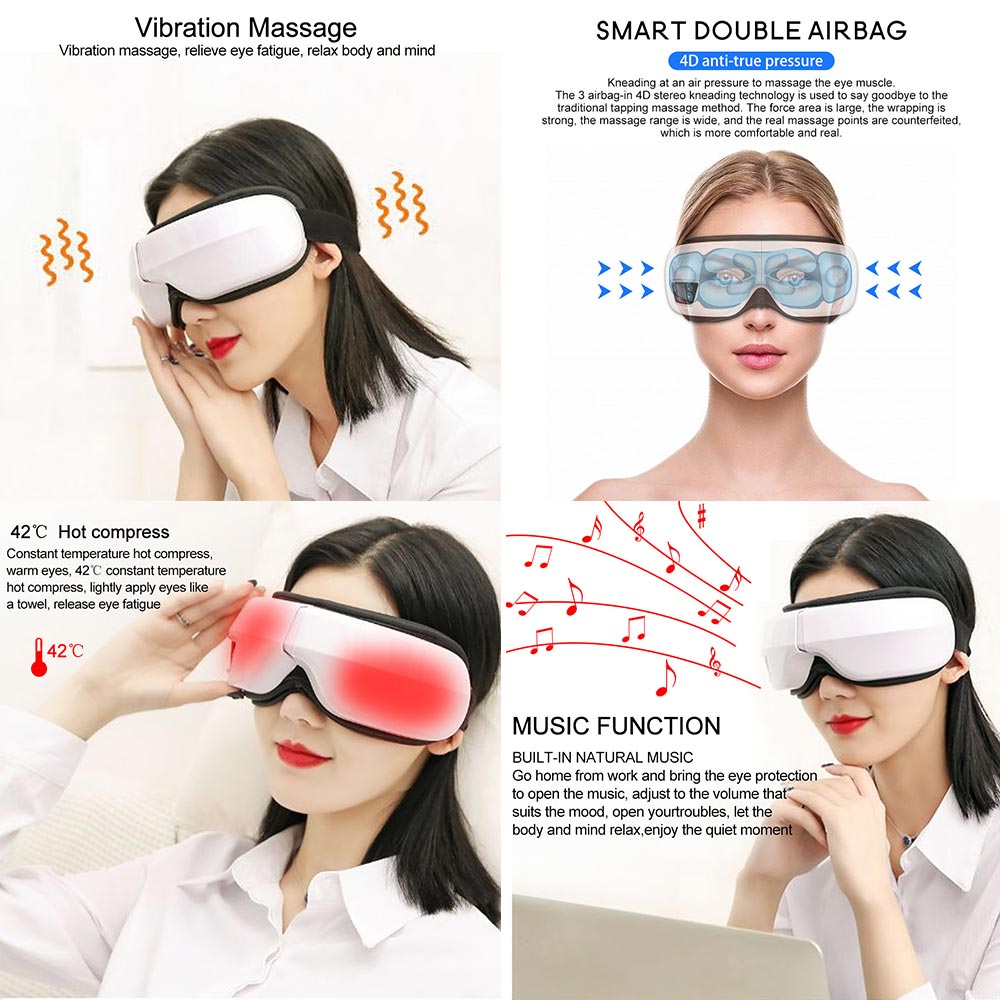 Massageador para os olhos 6D Smart Airbag Vibração Instrumento para cuidados com os olhos Compressa quente Bluetooth Óculos para massagem nos olhos Fadiga Bolsa e rugas