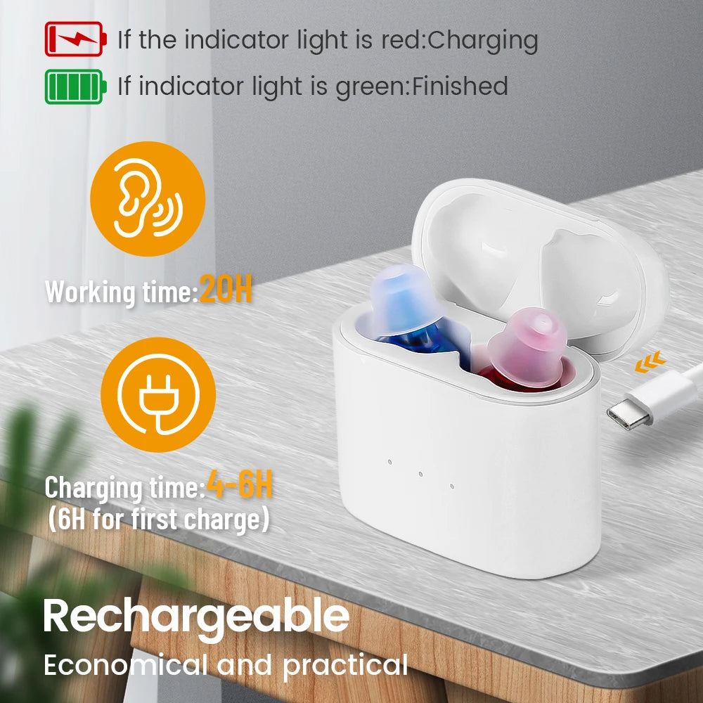 Rechargeable hearing aid with indicator lights and long-lasting battery (up to 95 hours).