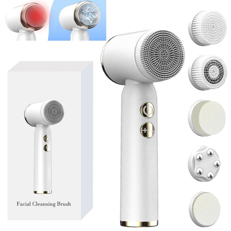 6 In 1 Ultrasonic Electric Face Cleansing Brush Silicone Hot Cool Sonic Facial Exfoliating Cleaner Skin Rejuvenation Massage NEW