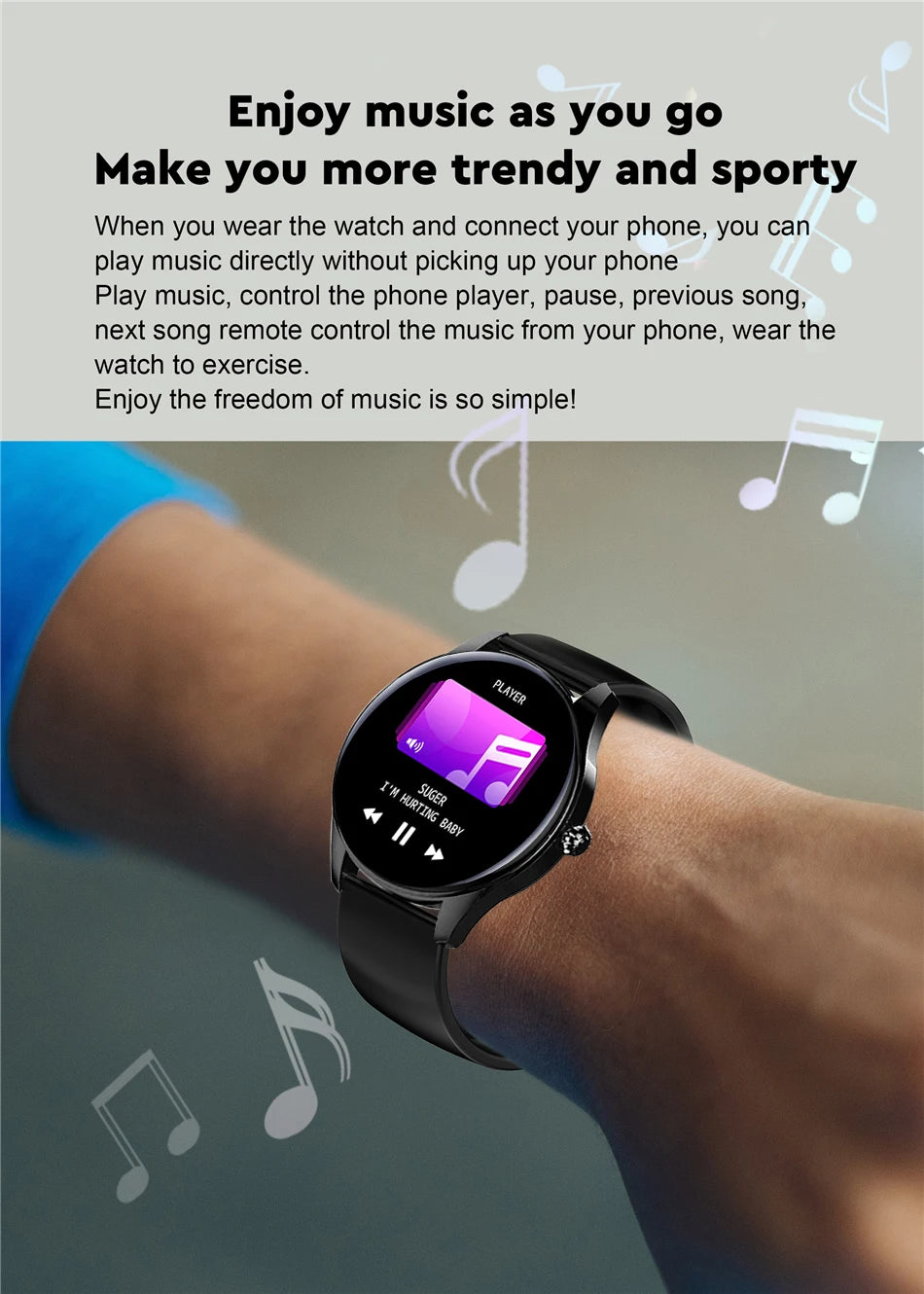 Control music playback and stay in rhythm with this smartwatch's Bluetooth connectivity.