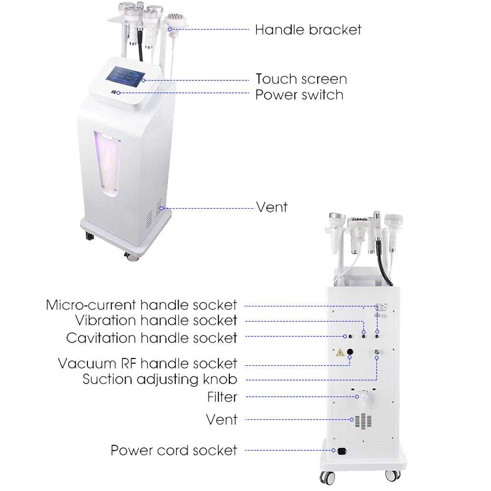 Multi-functional device for body slimming, weight loss, and skin tightening through vacuum cavitation massage.