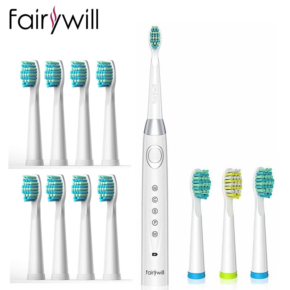 Fairywill Sonic Electric Toothbrush FW-508 USB Charger IPX7 Waterproof Electronic Toothbrush with 8 Replacement Brush Heads