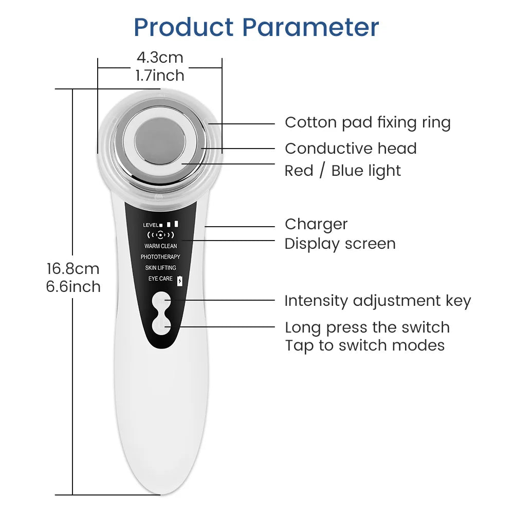 Multi-functional facial device for mesotherapy, massaging, and skin tightening with LED lights and adjustable intensity.