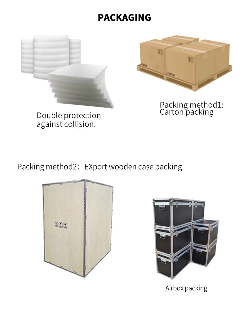 Protective packaging for safe transportation including double-protected cartons and custom wood/air-box cases.