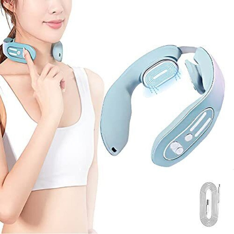 EMS Neck Acupoints Lymphvity Massage Device,Intelligent Neck Massager with Heat Blue Hot Design