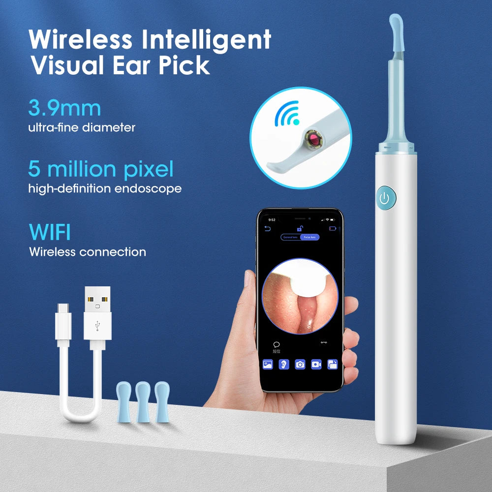 Wireless ear pick with high-definition camera and WiFi connection for clear views.