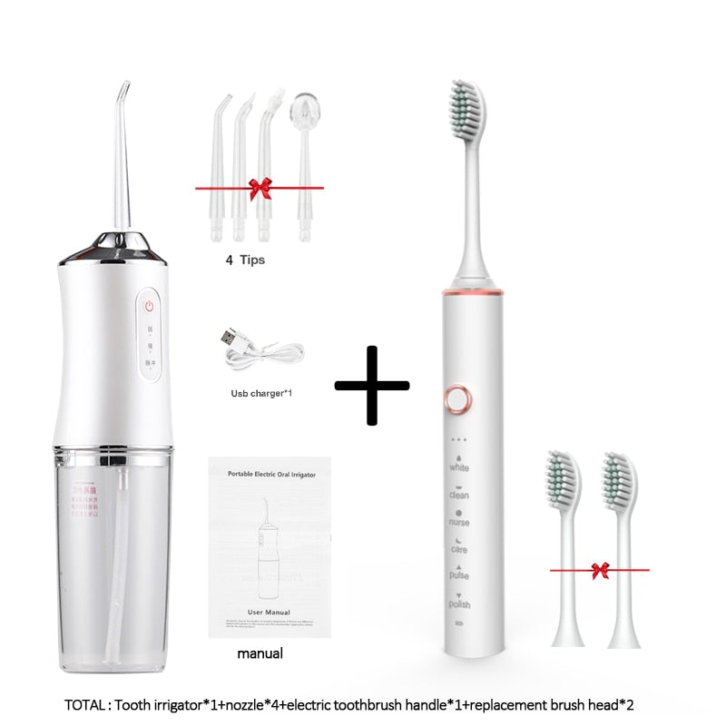 Oral irrigator portable dental water flosser with 4 nozzles usb rechargeable electric toothbrush ipx7 replacement brush head