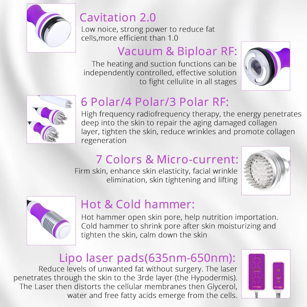 Cavitation machine for spa or home use offers multiple treatments for weight loss, skin tightening, and facial rejuvenation.