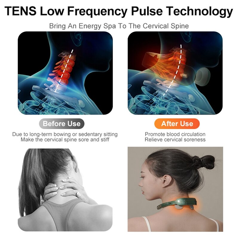 Massageador de pescoço de pulso TENS inteligente com compressa quente sem fio elétrico nas costas coluna cervical massagem amassar alívio da dor relaxar