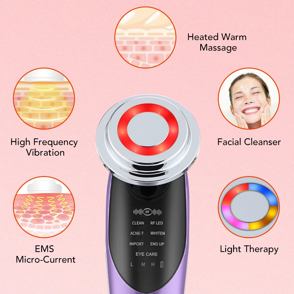 Multifunctional beauty device offering heated massage, facial cleansing, and skin treatments for a range of concerns.