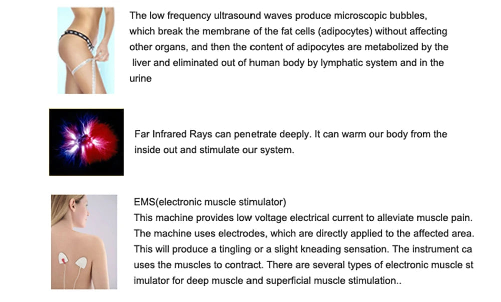 Weight loss device combines ultrasonic cavitation, EMS, and infrared rays for slimming and wellness.