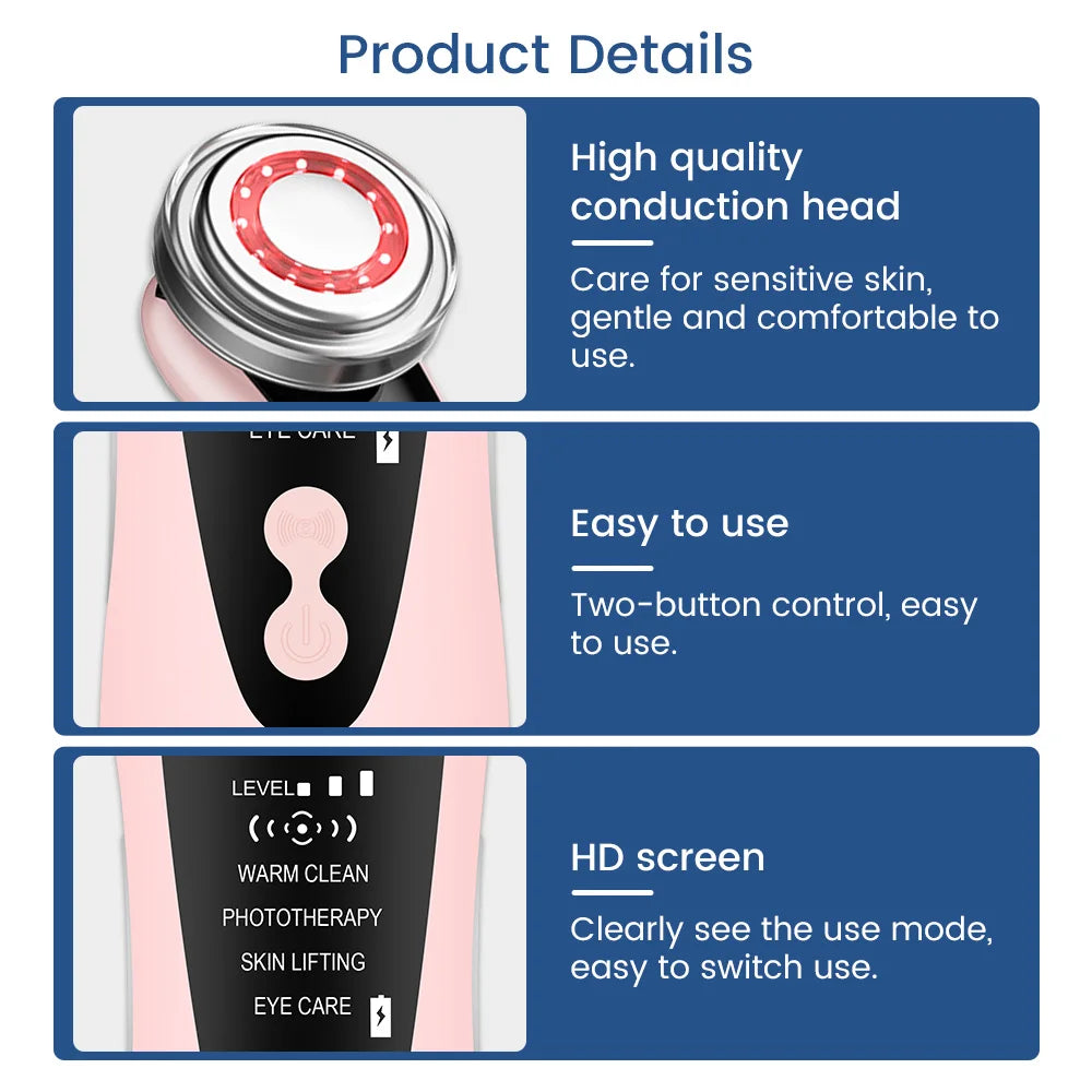 Conduction head device for sensitive skin, with simple controls and LED display.