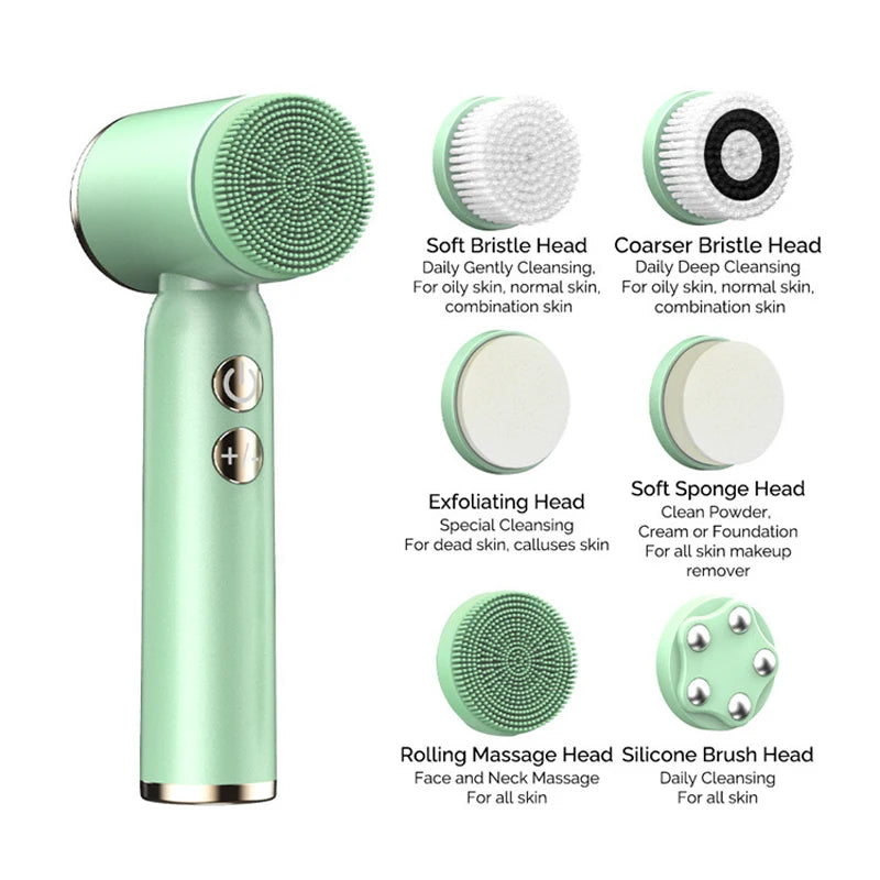 Multi-purpose skincare tool with various heads for gentle cleansing, exfoliation, and massage.