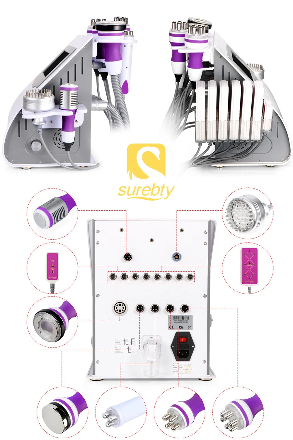 Ultrasonic cavitation machine with RF skin tightening and anti-cellulite features for weight loss and facial rejuvenation.