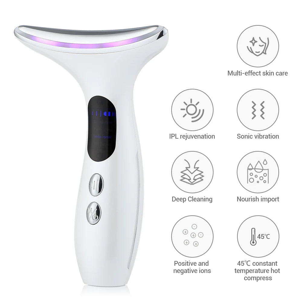 Multi-effect skincare device offering IPL, vibration, cleansing, nourishing, and ion treatments for optimal skin health.