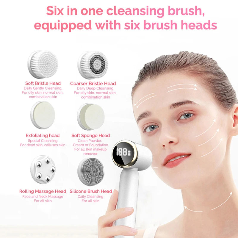 Multi-purpose face brush with 6 interchangeable heads for different skin types and needs.