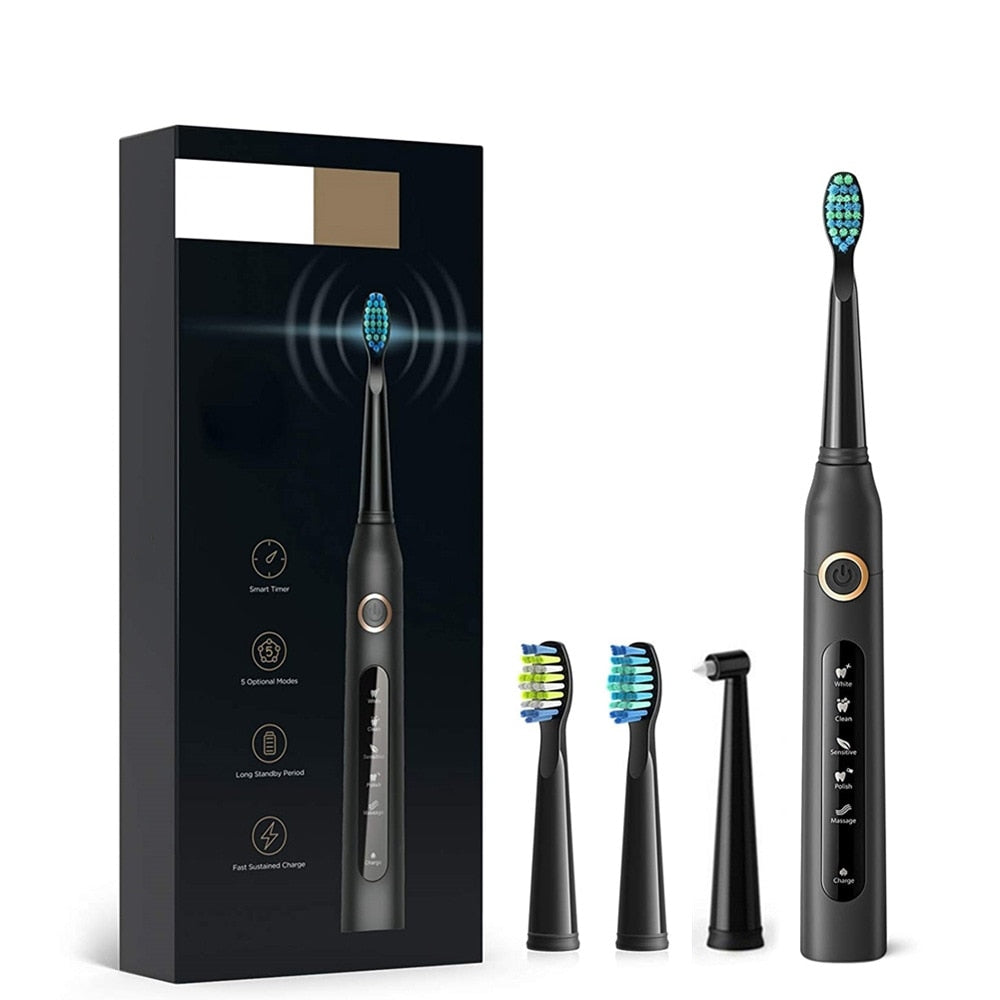 Electric Sonic Toothbrush USB Rechargeable Adult Waterproof Electronic Tooth Brushes Replacement Heads Travel Set