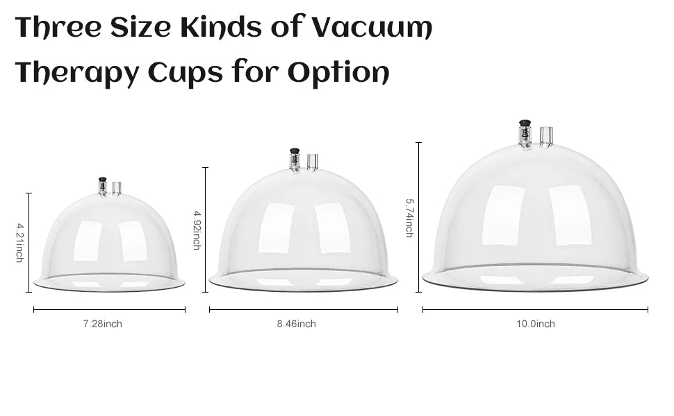 Set includes three sizes of vacuum therapy cups: small (7.28