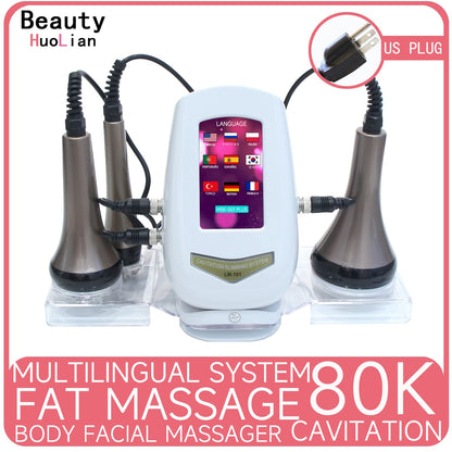 Nova máquina de emagrecimento de cavitação 3 em 1 80K ultrassônica para modelar o corpo massagem RF dispositivo de levantamento de aperto da pele facial com suporte