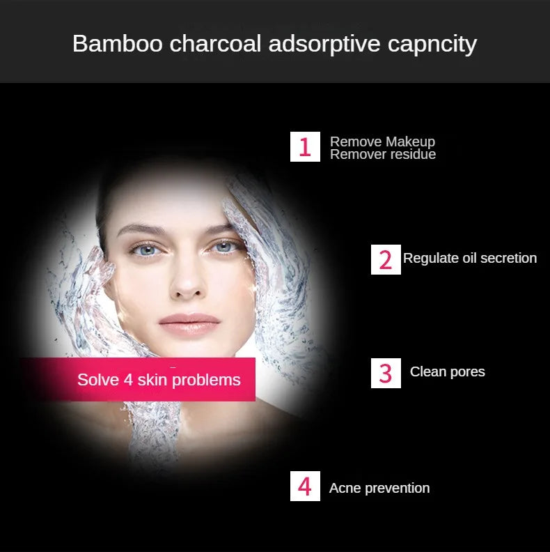 Bamboo charcoal features for acne prevention, deep cleaning, and pore purification.