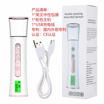 LED Mini Nano Mist Sprayer Portable Rechargeable Double Spray Head Facial Steamer Moisturizer Air Humidifier Cooler Skin Tester