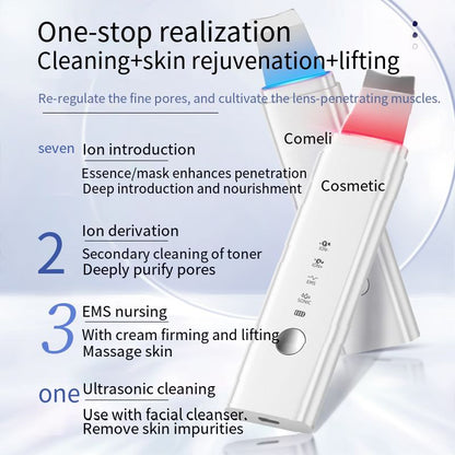 Ultrasonic Skin Scrubber LED Light EMS Ion Massager Lifting Peeling Facial Pore Cleaner Máquina de limpeza facial profunda Dispositivo de beleza