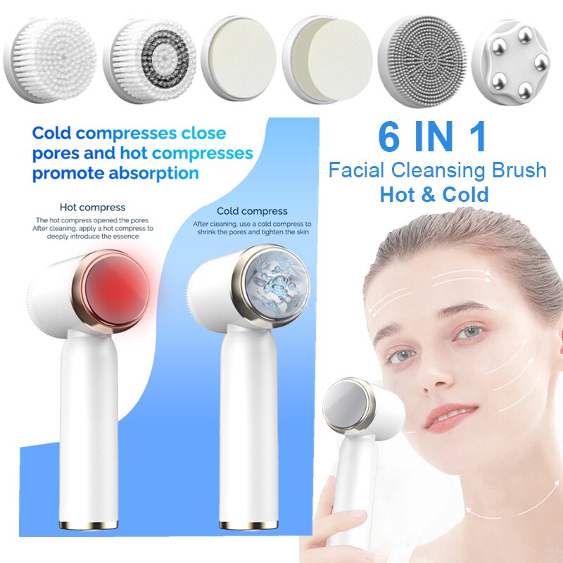 New 6 In 1 Hot Cool Electric Face Cleansing Brush Deep Pore Cleaner LCD Display Vibration Face Lifting Skin Firming Massage