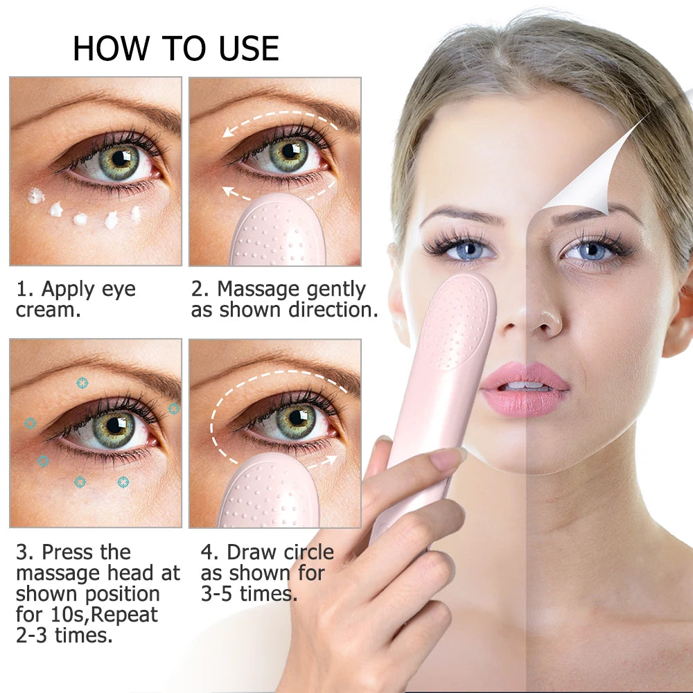 Use eye cream, gently massage eyes, and press massage head for 10 seconds, repeat 2-3 times.