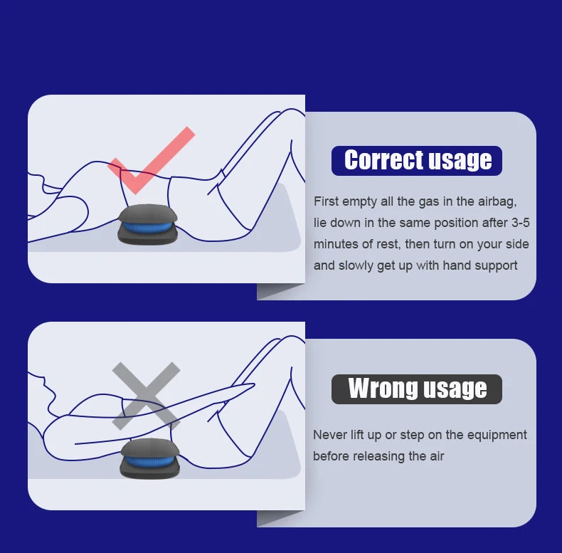 Deflate and relax before sitting up; avoid lifting or stepping on the airbag until fully deflated.