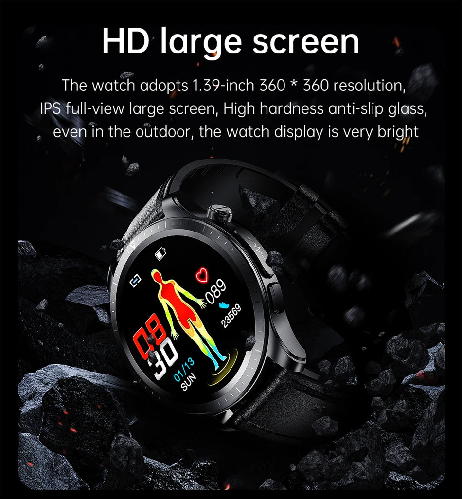 Outdoor readable display with 1.39-inch HD IPS screen and anti-slip glass protection.