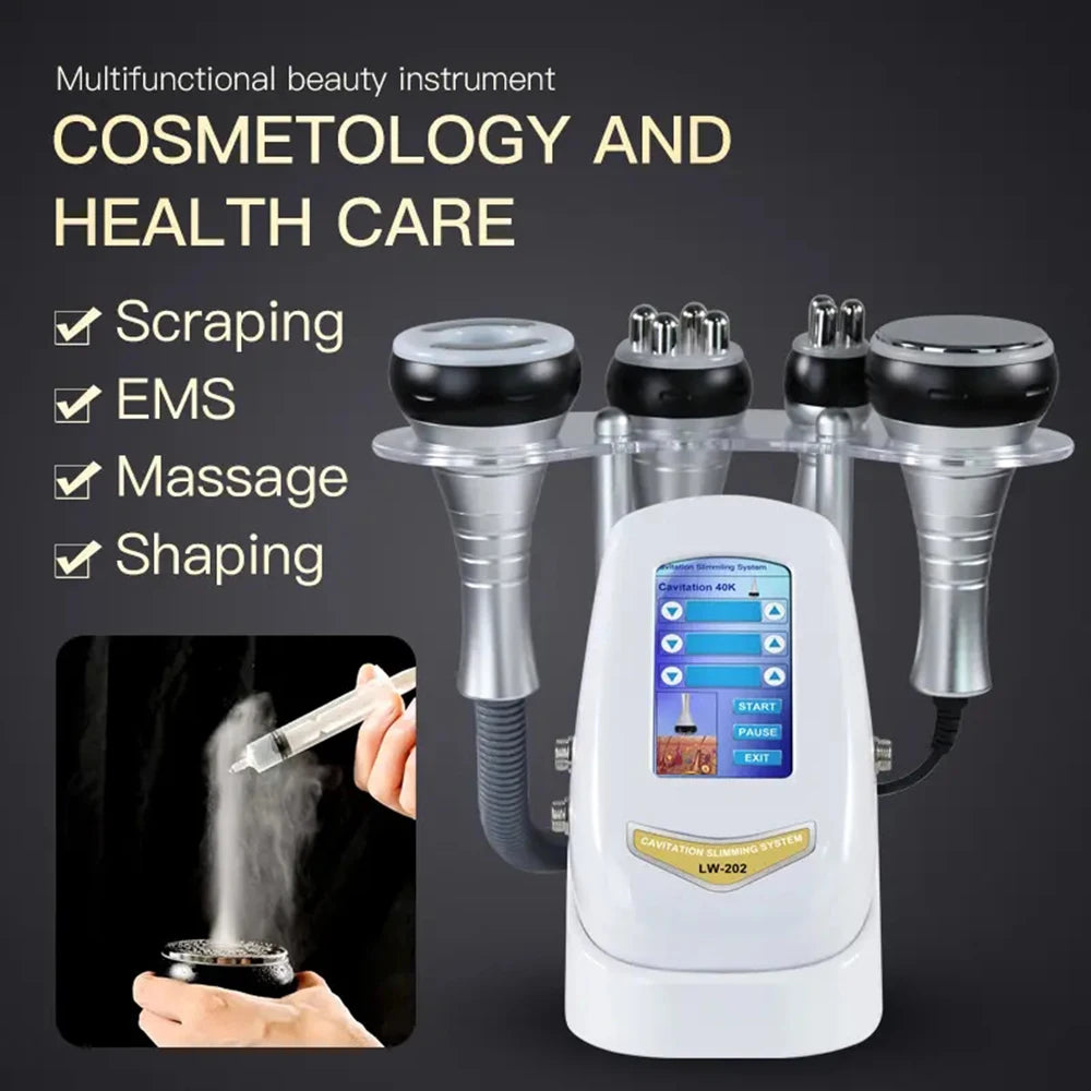 Multi-functional beauty device for various treatments: scraping, massage, shaping, and cavitation.