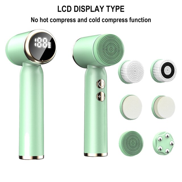 New 6 In 1 Hot Cool Electric Face Cleansing Brush Deep Pore Cleaner LCD Display Vibration Face Lifting Skin Firming Massage