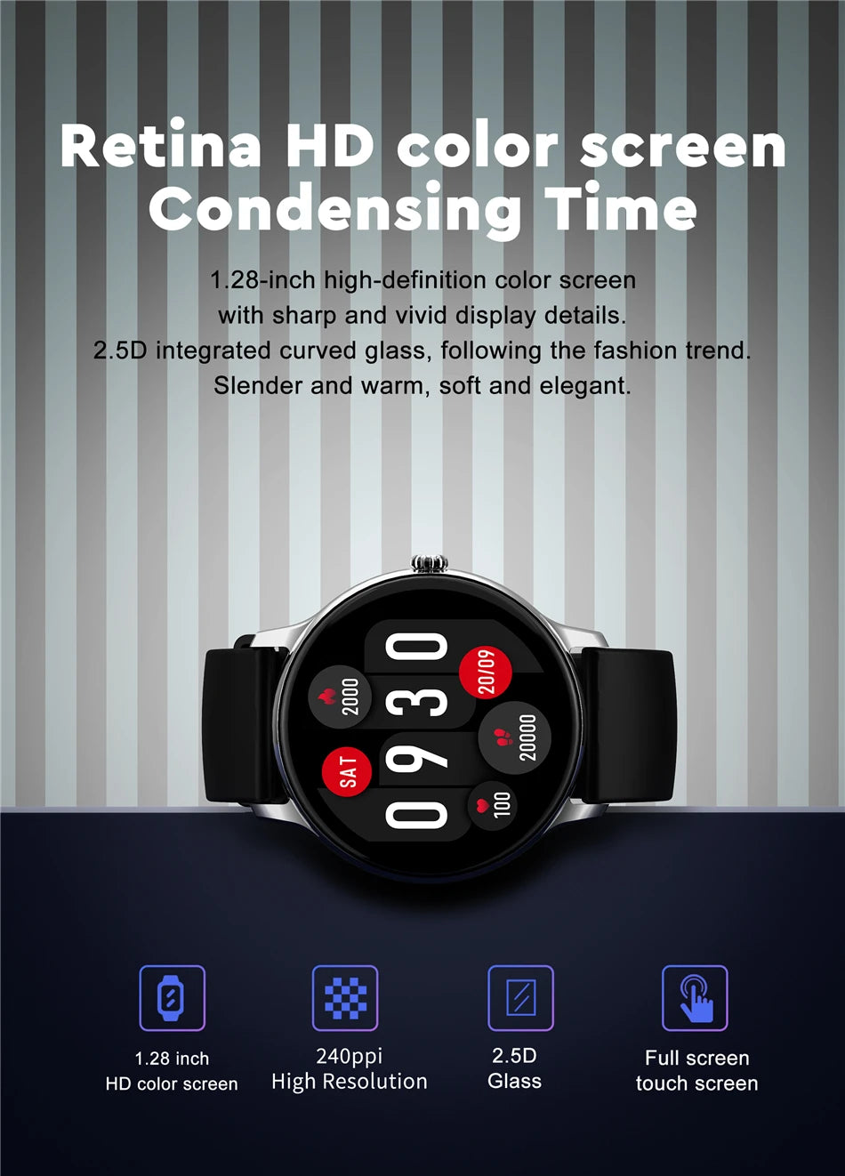 Sharp 240ppi Retina HD display with curved glass design on 1.28-inch touchscreen smartwatch.