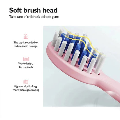 soft brush head Take care of children's delicate gums .