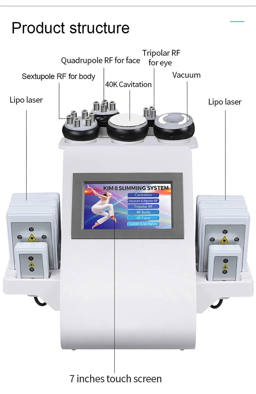 6-in-1 slimming machine with RF, vacuum, and laser technologies for face, eyes, body, and overall treatment.