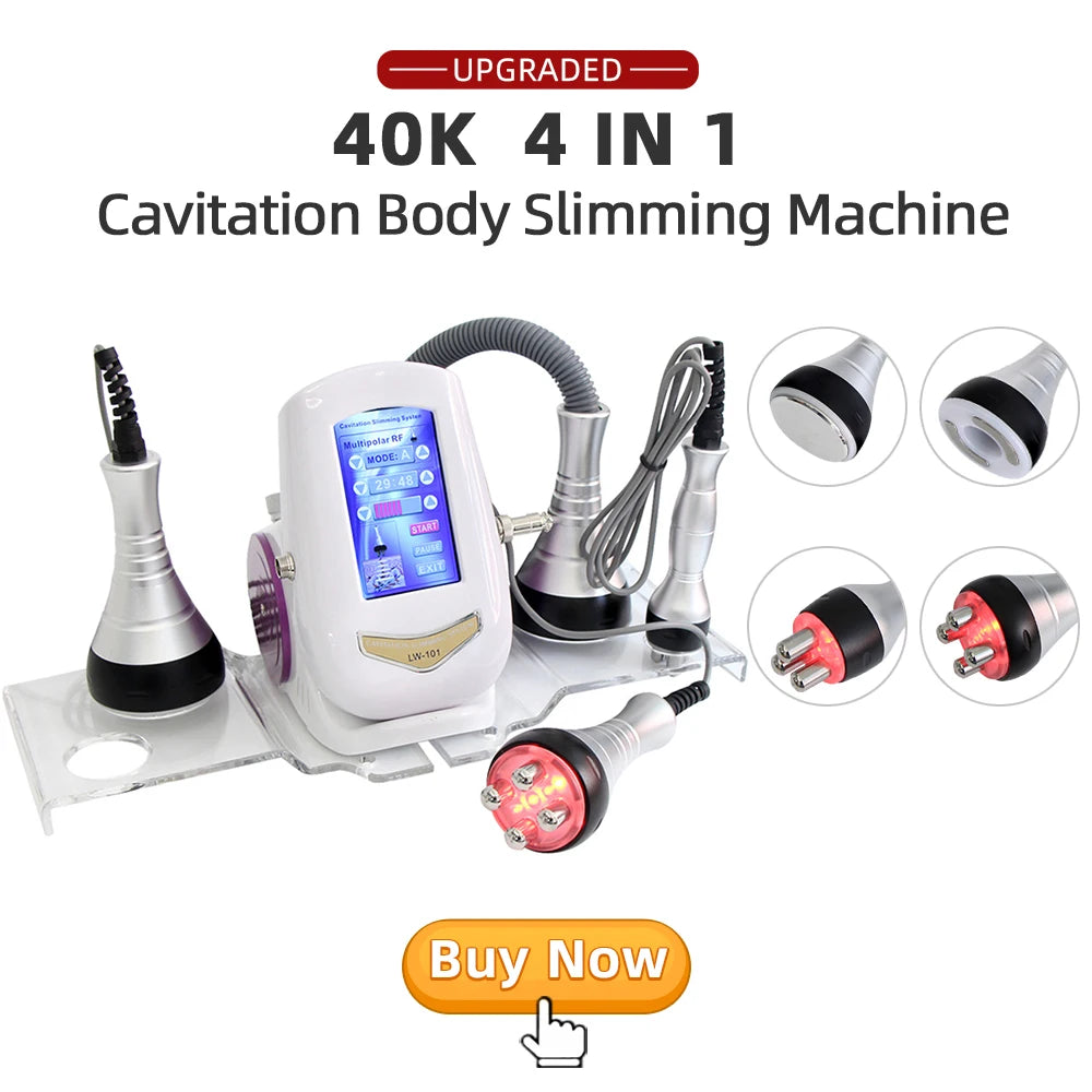 4-in-1 cavitational slimming machine with RF technology for skin lifting, tightening, and anti-wrinkle benefits.