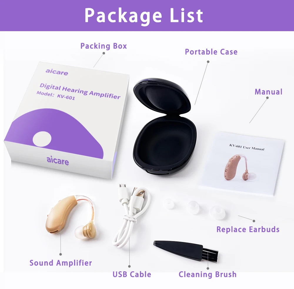 Hearing amplifier package includes carrying case, accessories, and instructions for easy use.