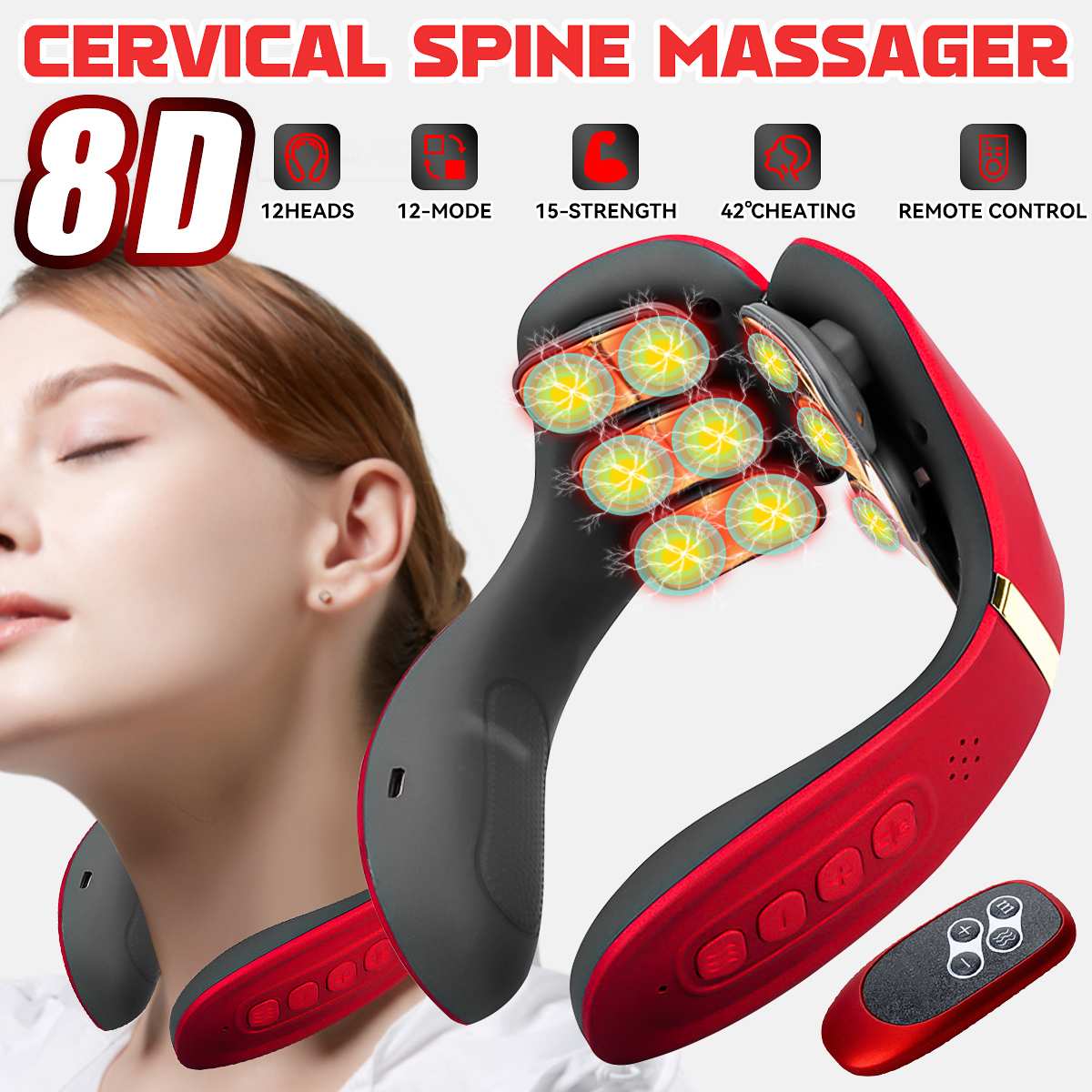 Pescoço massagem cervical elétrica 15 engrenagens 12 cabeças pulso terapia magnética compressa quente com controle remoto massageador de pescoço