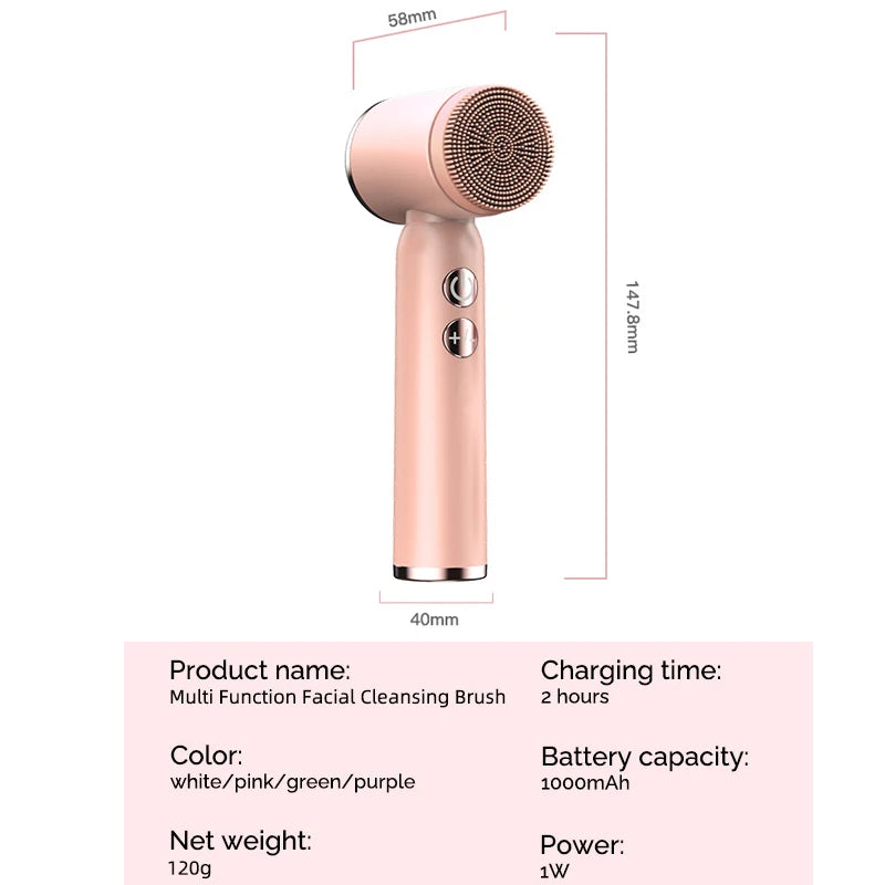 Electric facial brush for deep cleansing, pore cleaning, and skin firming with vibration and massage features.