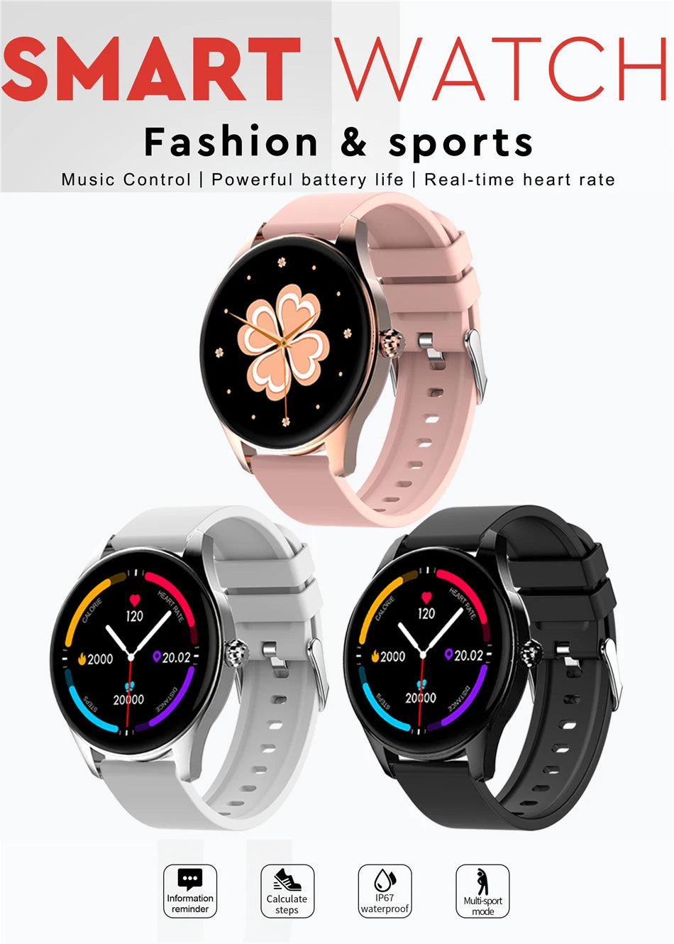 Smart Watch with fashion, sports, music controls, long battery life, heart rate monitoring, water-resistance, and activity tracking.