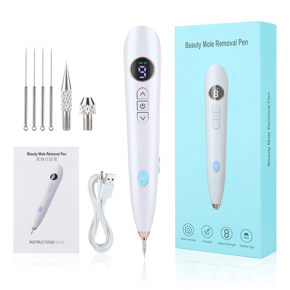 Remove moles and warts with a 9-gear beauty spot pen featuring a blue LED light.