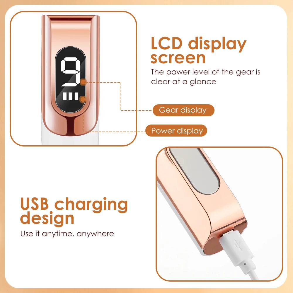 LCD display shows gear power levels and USB charging status for on-the-go beauty tool.