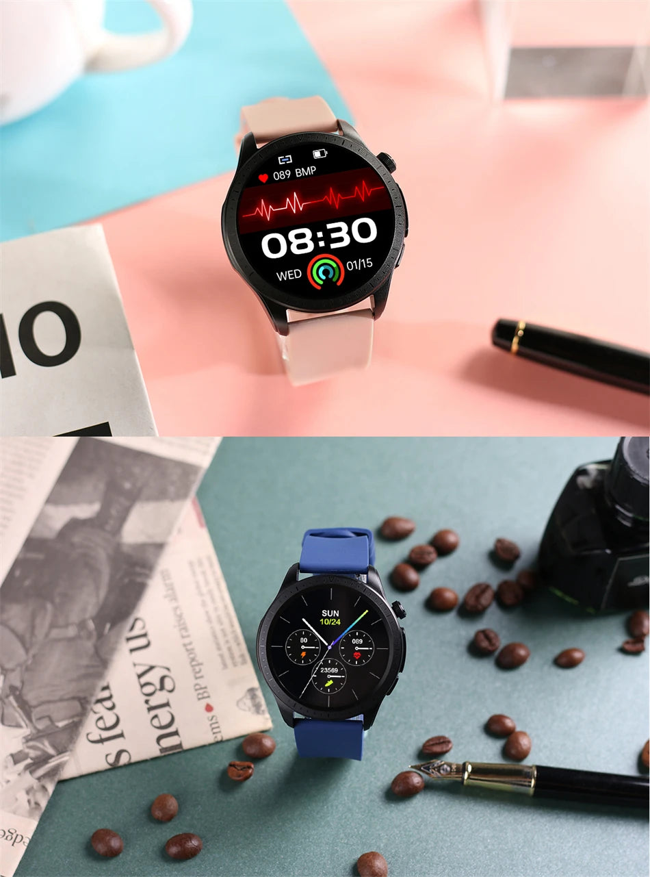 Smartwatch with various features: metal casing, silent alarm, camera, music control, health reminders, and more.