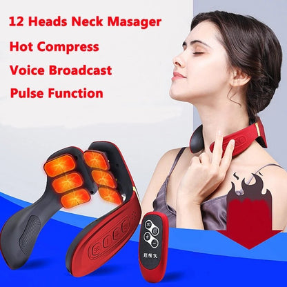 12 Heads Neck Masager Hot Compress Voice Broadcast Puls