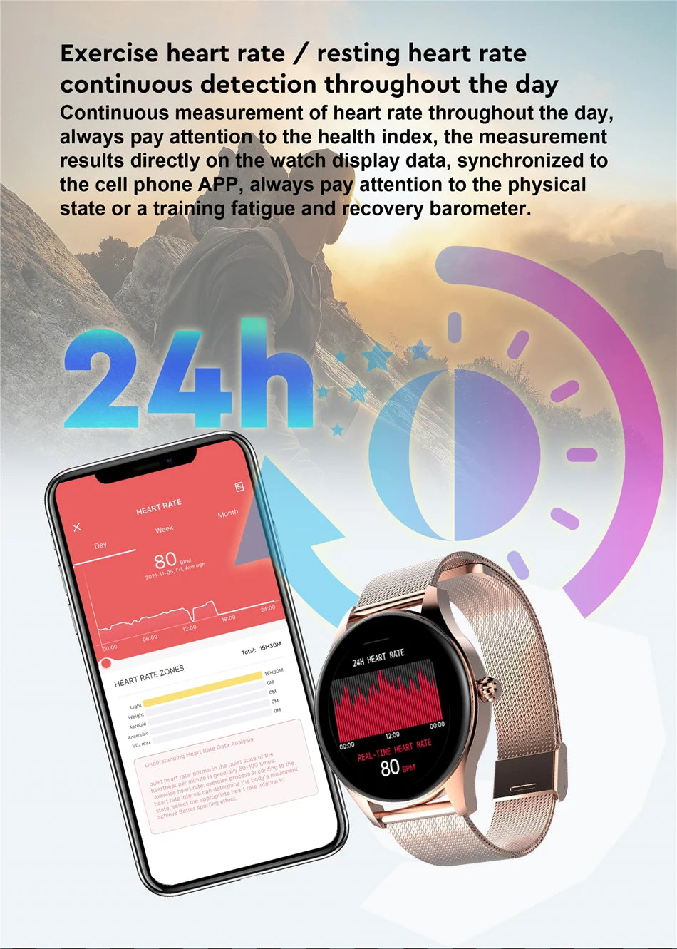 Monitor heart rate continuously throughout the day for real-time health insights and personalized recovery recommendations.