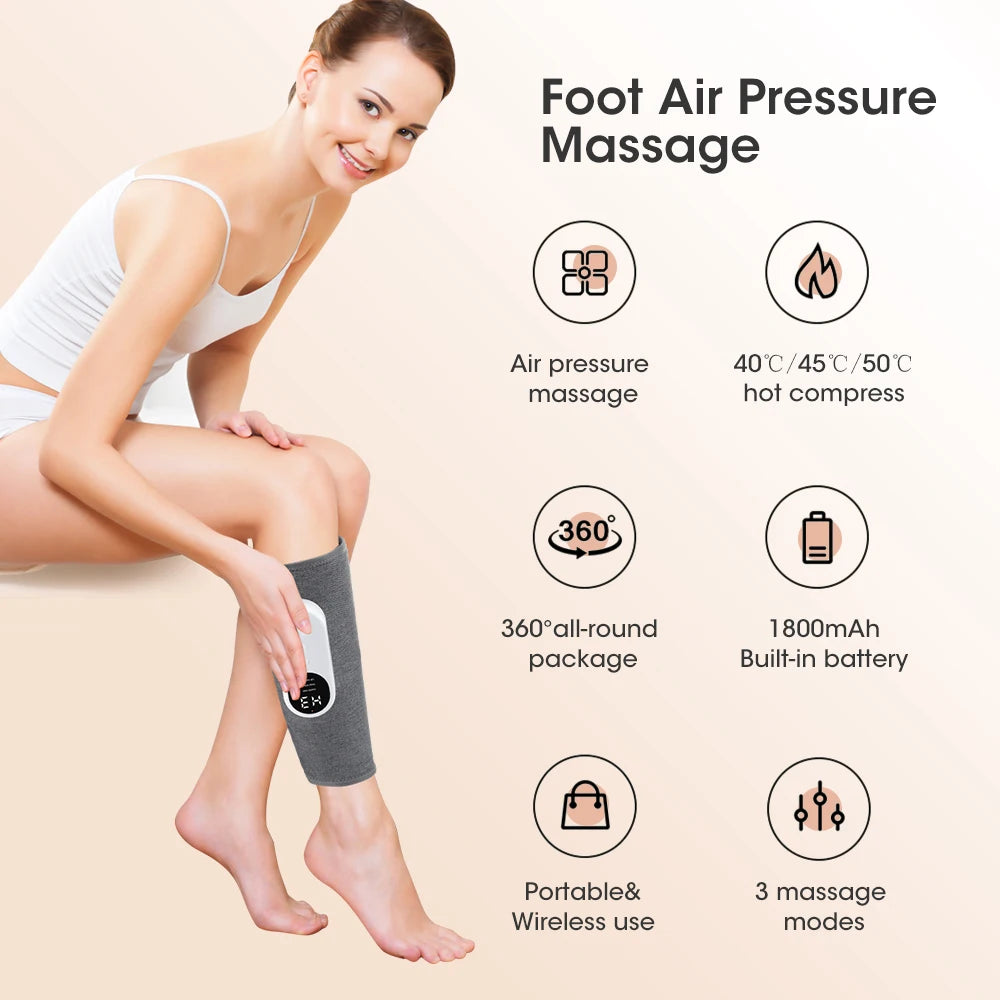 Wireless foot massager with air comp, vib, and heat modes, built-in battery, and temp control.