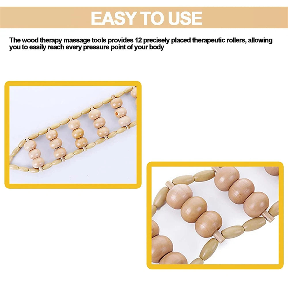 Wooden massager with 12 rollers for targeted self-massage and comfortable pressure on any body area.