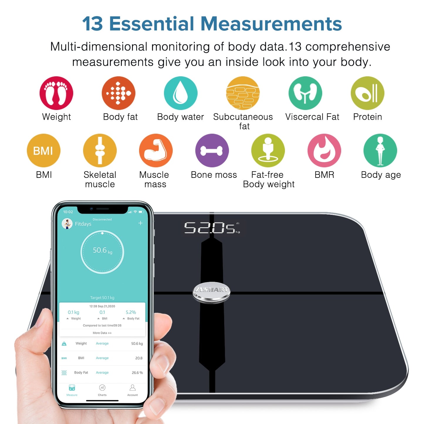 INSMART Smart Weight Scale Digital Body Fat Scales Balance Bioimpedance Bathroom Scale BMI Composition Analyzer for Human