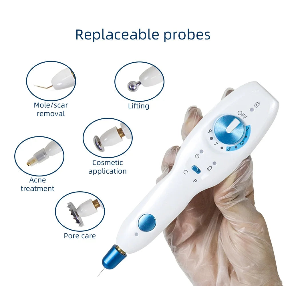 Replaceable probes for various skin treatments: mole/scars, cosmetics, acne, pores.