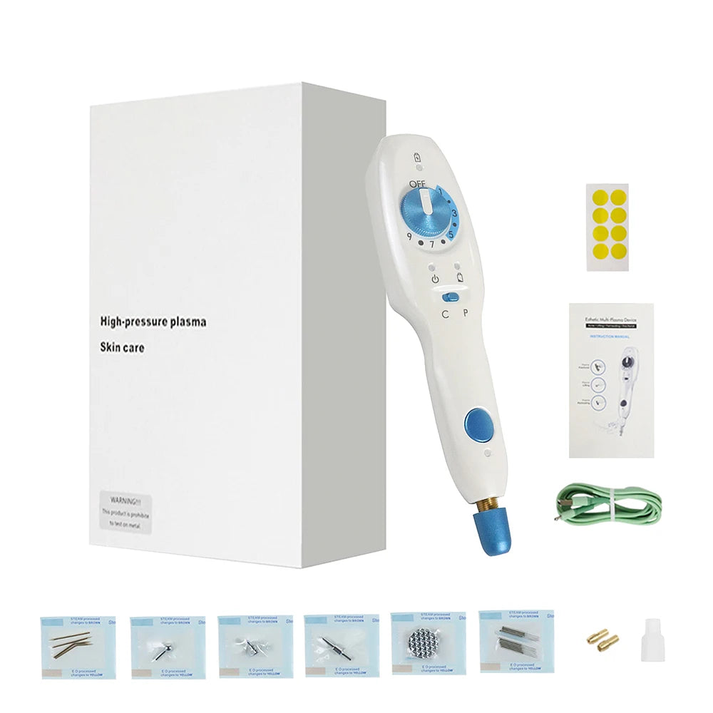 Non-invasive plasma pen for skin rejuvenation, targeting acne, fine lines, pores, and moles.